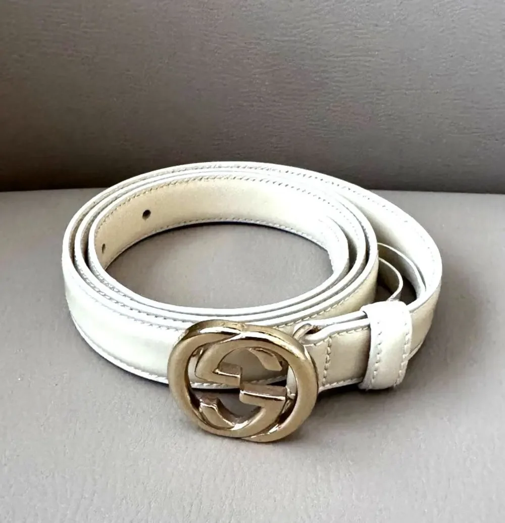Vintage Gucci Belt Logo Gold Buckle Leather Ivory Cream Luxury 90s Y2K